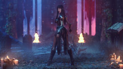 1girls 3d 3d_model armor baldur's_gate baldur's_gate_3 black_armor black_hair book breasts candle candles cgi cgi_girl clothed clothed_female clothing dark_hair dungeons_and_dragons elf elf_ears elf_female elf_girl female female_only fire green_eyes jewelry long_hair looking_at_viewer looking_back looking_back_at_viewer medium_breasts mrvargas night nighttime ruins sexy_armor shadowheart skeleton skull skulls solo solo_female standing warrior_woman