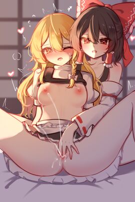 2girls absurdres apron black_vest blonde_hair blush bow braid breasts brown_hair clothes_lift commentary_request detached_sleeves female female_orgasm fingering frilled_apron frilled_bow frilled_hair_tubes frilled_skirt frills front-to-back futon hair_tubes hakurei_reimu heart heavy_breathing highres kirisame_marisa long_hair marisa_kirisame medium_breasts multiple_females multiple_girls nipples open_mouth orgasm puffy_short_sleeves puffy_sleeves pussy pussy_juice reach-around red_bow red_eyes reimu_hakurei shen_bi_ren_(user_rjgy2824) shirt_lift short_sleeves shouji side_braid single_braid skirt sliding_doors smile sweatdrop tongue tongue_out topless touhou turtleneck twitching vest yellow_eyes yuri