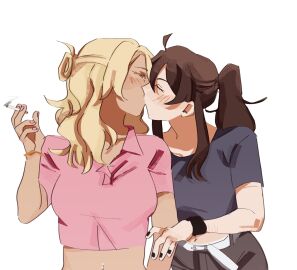 2girls amber_eyes belly belly_button belly_piercing belt big_breasts black_nail_polish black_nails black_pants blonde blonde-haired_female blonde_female blonde_hair blue_eyes blue_shirt boobs bracelet breasts brown_hair cigarette cigarette_smoke class_of_'09 comic comic_page dark_nails dark_pants eyes_closed fang female female_only hair_bun hand_on_hip holding holding_cigarette holding_object jeans jecka_(class_of_'09) jeckole juujjuli kissing light-skinned_female light_skin long_hair making_out multiple_females multiple_girls nails_painted nicole_(class_of_'09) pale-skinned_female pale_skin pants pink_tank_top pointy_teeth ponytail self_harm_scars shirt tan_body tan_skin tank_top white_body white_skin yellow_hair yuri