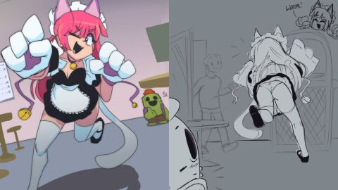 1boy 1girls brawl_stars cat_ears cat_girl cat_tail catgirl colette_(brawl_stars) duo ekowrosmi female maid male neko panties pinku_pawlette showing_ass showing_panties smile spike_(brawl_stars) supercell surprised