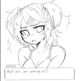 1girls bare_shoulders blush bra breasts doki_doki_literature_club embarrassed english_text female female_focus marukunart natsuki_(doki_doki_literature_club) text text_box