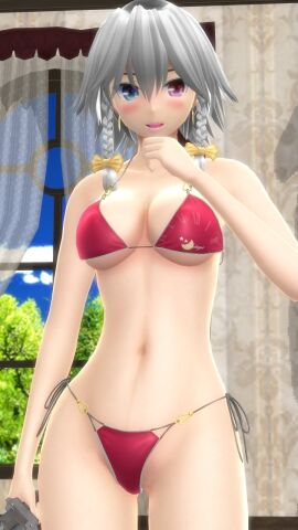 1girls 2023 3d belly_button bikini blue_sky blush breasts cleavage clouds curtains earrings embodiment_of_scarlet_devil female hati_yukkuri_mmd heterochromia holding_weapon human indoors knife light-skinned_female light_skin midriff mmd open_mouth red_bikini sakuya_izayoi short-haired_female sky solo_female solo_focus swimsuit touhou trees waist weapon white-haired_female window yellow_bowtie