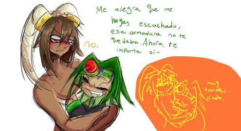 black_sclera blush breastfeeding breasts dr.wasabi dr.wasabi_(drwasabi) female genderbent glasses green_hair heterochromia holding horns joke_art lamb lamboss_(drwasabi) short spanish_dialogue spanish_text sucking_breasts sucking_nipples tan_body tan_skin tan_skinned_female