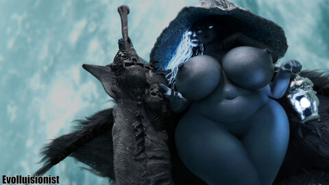 3d belly elden_ring evolluisionist female from_below fromsoftware lantern looking_at_viewer looking_down moon moonlight naked pudgy_belly ranni_the_witch sword tagme venus_body witch_hat