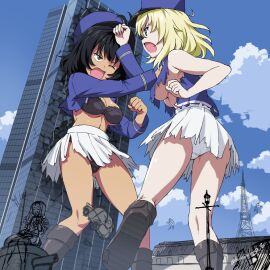 3girls andou_(girls_und_panzer) bc_freedom_military_uniform black_bra black_hair black_panties blonde_hair blue_eyes blue_headwear blue_jacket blue_sky bra breasts brown_eyes building car catfight cleavage clenched_hand cloud cloudy_sky crotch_seam dark-skinned_female dark_skin day female fighting frown giant giantess girls_und_panzer grabbing_another's_hair hat jacket kepi kuro_oolong long_sleeves looking_at_another marie_(girls_und_panzer) medium_breasts medium_hair messy_hair military military_hat military_uniform military_vehicle miniskirt motor_vehicle multiple_females multiple_girls navel one_eye_closed open_mouth oshida_(girls_und_panzer) outdoors panties pleated_skirt punching renault_ft sitting skirt sky standing standing_on_one_leg tank torn_clothes torn_jacket torn_skirt twitter_username underboob underwear unfinished white_panties white_skirt
