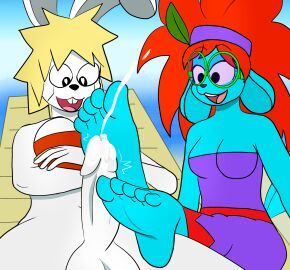 anthro beach big_feet bodily_fluids buckteeth cum cumshot darkburst_(artist) ejaculation eyewear feet female foot_fetish foot_focus foot_play footjob furry futa/female futanari genital_fluids glasses hair heart_eyes heart_symbol hi_res intersex intersex/female lagomorph leporid long_hair lying mammal mint_the_rabbit mouse murid murine on_back outside outside_sex rabbit rodent sex soles teeth toes