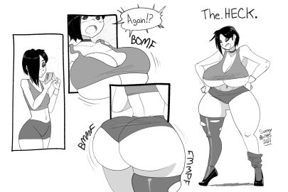 2021 ass_expansion black_hair breast_expansion breast_growth breast_growth_(enlargement) breasts breasts_bigger_than_head bursting_breasts expansion female gigantic_ass gigantic_breasts gigantic_butt gigantic_thighs goth growth growth_drive growth_sequence monochrome no_bra sammyupvote tagme thigh_expansion torn_clothes wardrobe_malfunction