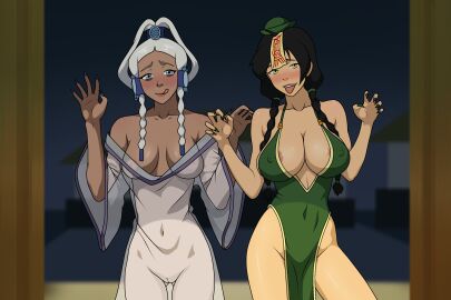 2girls alternate_version_available areola_slip avatar_legends avatar_the_last_airbender bare_shoulders breasts claw_pose cleavage covered_navel covered_nipples earth_kingdom female ghost green_eyes halloween hands_up huge_breasts jiangshi jiangshi_costume jin_(avatar) long_fingernails munshin nickelodeon nicktoons pelvic_curtain see-through see-through_clothing sharp_fingernails sleeveless tongue tongue_out trick_or_treat twintails water_tribe wide_sleeves yue