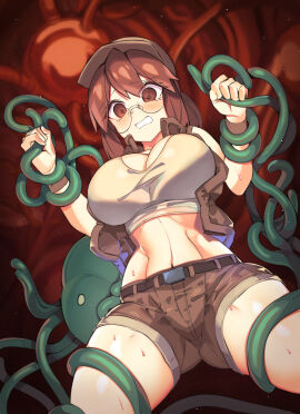 1girls 2023 absurd_res alien arm_grab baseball_cap belt big_breasts blush breasts brown_eyes brown_hair cleavage clenched_teeth clothed crop_top ddg160 female fio_germi glasses hat hi_res imminent_rape interspecies leg_grab martian_(metal_slug) matching_hair/eyes medium_hair metal_slug midriff molestation paid_reward_available restrained round_glasses short_shorts shorts sidelocks snk sweat teeth tentacle thighs toned toned_female vest voluptuous voluptuous_female