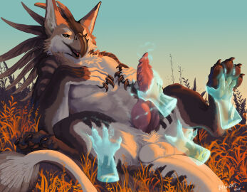 ambiguous_gender avian balls beak blajn brown_body brown_eyes brown_feathers brown_fur brown_pawpads chest_tuft claws day digitigrade disembodied_hand erection feathers feet feral finger_claws foot_grab fur genitals ghost_hand grass group gryphon handjob hi_res inner_ear_fluff knot knotted_penis male male/ambiguous mythological_avian mythological_creature mythology pawpads penile penis plant ridged_penis sex shaded sky spread_legs spreading tail toe_claws tuft