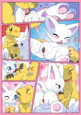 agumon anus balls bandai_namco blush bodily_fluids censor_bar censored censored_genitalia censored_penis censored_pussy closed_eyes clothing comic cum cum_on_face cumshot_on_face cunnilingus digimon digimon_(species) dinosaur domestic_cat duo ejaculation felid feline felis fellatio female fur gatomon genital_fluids genitals gloves handwear happy happy_sex heart_symbol hi_res humanoid_genitalia humanoid_penis lizard looking_at_another looking_at_partner male male/female mammal manga_style monster_boy one_eye_closed oral oral_penetration paw_gloves paws penetration penile penis penis_in_mouth prehistoric_species pussy reptile scalie semi-anthro sex simple_background sweat vaginal_fluids vaginal_penetration white_body white_fur wink winking_at_another winking_at_partner woory yellow_body yellow_skin