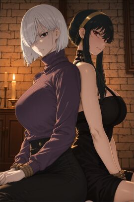 2girls ai_generated big_breasts black_eyes black_hair breasts captured clenched_teeth female female_focus female_only fiona_frost looking_at_viewer red_eyes restrained spy_x_family sweat tied_up tommu_15 white_hair yor_briar yor_forger