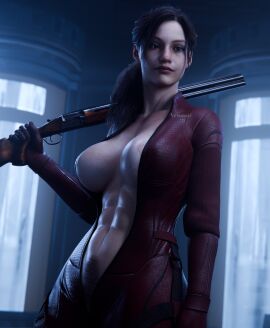 3d abs big_breasts blue_eyes breasts brown_hair busty capcom claire_redfield claire_redfield_(jordan_mcewen) clothing double_barrel_shotgun female female_focus female_only firearm hairy_pussy happy_trail hourglass_figure human inner_sideboob jill_valentine_bodysuit long_hair medium_breasts pale_skin pinup pinup_pose pubic_hair pubic_hair_peek pussy realistic resident_evil resident_evil_2 resident_evil_2_remake shotgun sideboob tagme vexonair weapon wide_hips