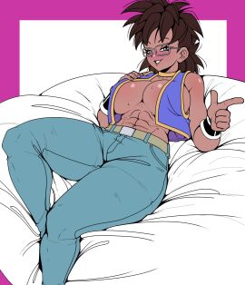 1girls abs bean_bag_chair blush bracers breasts brown_hair cleavage commission dark-skinned_female dark_skin dragon_ball dragon_ball_xenoverse female glasses hand_on_breast kiwiartsu large_breasts muscular muscular_female oc on_back original_character pants pointing smile sweat vest_only