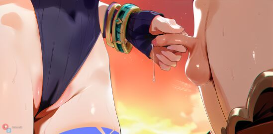 absurd_res aether_(genshin_impact) ai_generated balls belly_button_visible_through_clothing bodysuit cameltoe citlali_(genshin_impact) cottonmilk genshin_impact grabbing_penis half-dressed head_out_of_frame humiliation leaking_cum nails nails_painted precum precum_drip small_penis small_penis_humiliation sph sweat sweaty sweaty_body testicles uncensored wristband