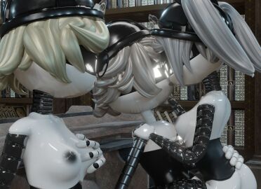 1boy 2girls 3d 3d_(artwork) accurate_art_style alexandrstariy butler drone female glasses glitch_productions gold_hair golden_hair j_(murder_drones) j_worker_drone kissing library light_gray_hair maid maid_headdress male male/female murder_drones n_(murder_drones) n_worker_drone robot robot_boy robot_girl sex stepanaan v_(murder_drones) v_worker_drone white_eyes white_hair