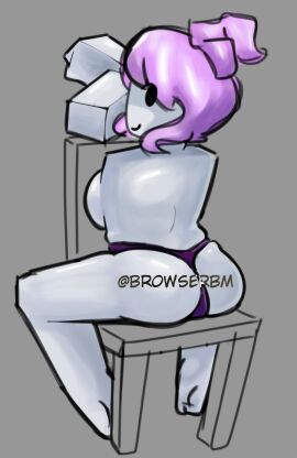 1girls 2d 2d_(artwork) 2d_artwork artist_name ass b_emilyy bettybloxxer blocky_body breast_press breasts browserbm chair female guest_(roblox) looking_back roblox robloxian tagme