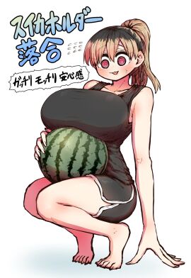 big_breasts breasts cleavage female huge_breasts ochiai_san thick_thighs watermelon wide_hips zyugoya