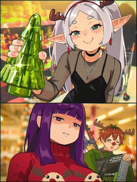 1boy 2girls 2koma anime antlers black_choker black_dress black_hair blush box breasts choker christmas christmas_sweater closed_mouth collar comic cross cross_necklace dress earrings elf fake_antlers fake_nose female fern_(sousou_no_frieren) frieren full_color geforce_rtx_4090 graphics_card green_eyes grey_hair holding holding_box holding_sex_toy horns jewelry leash male multicolored_hair multiple_females multiple_girls necklace pointy_ears purple_eyes purple_hair red_hair red_sweater reindeer_antlers sex_toy sfw small_breasts smile snegovski sousou_no_frieren stark_(sousou_no_frieren) sweater twintails two-tone_hair