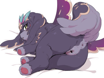 4:3 anus bed censor_bar censored censored_genitalia censored_pussy duel_monster epurrely_noir female feral feral_only fur furniture genitals hi_res looking_at_viewer looking_back looking_back_at_viewer lying nanina on_bed on_side open_mouth pawpads paws purple_body purple_ears purple_fur purple_tail purrely_(archtype) pussy solo tail wings yellow_eyes yu-gi-oh!