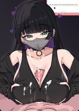 1boy absurdres bare_shoulders black_hair bocchi_the_rock! breasts clothed_female_nude_male clothed_sex collarbone colored_inner_hair commentary coubalty cum dark_background ejaculation english_commentary english_text female fingernails grabbing_own_breast green_eyes heart highres huge_breasts long_fingernails looking_at_viewer marshmallow_(site) mask mouth_mask multicolored_hair nail_polish nude pa-san paizuri pov purple_hair purple_nails request_inset