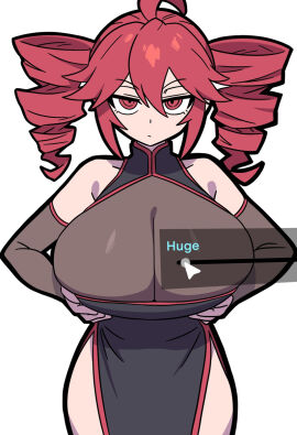 1girls 2d 2d_(artwork) ahoge alicesz armwear bare_shoulders bodysuit breast_lift breast_slider breasts cleavage cleavage_cutout cleavage_overflow clothed clothed_female clothing curvaceous curvy curvy_female curvy_figure dress expressionless female female_only fully_clothed gigantic_breasts hands_on_breasts holding_breast huge_breasts kasane_teto large_breasts looking_at_viewer massive_breasts red_eyes red_hair skindentation slider slider_(control) solo solo_female text thick_thighs thighs top_heavy twin_drills utau white_background