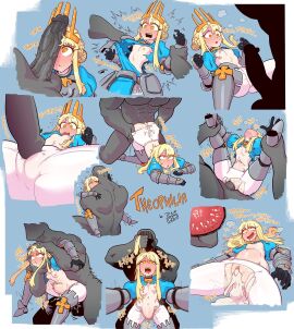 1boy armor blonde_hair breasts cum female highres internal_cumshot male nipples pantyhose pussy small_breasts sperm_cell stomach_bulge tenk vaginal_penetration white_pantyhose