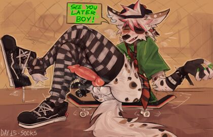 absurd_res animal_genitalia animal_penis anthro balls bracelet canid canine canine_genitalia canine_penis canis closed_eyes clothing crossed_legs dialogue domestic_dog ear_piercing ear_ring erection fingerless_gloves footwear fur genitals gloves handwear hi_res jewelry knot legwear male male_only mammal necktie nick7005 penis piercing ring_piercing shirt shoes sitting skateboard skater sneakers socks solo speech_bubble spiked_bracelet spikes stockings text thigh_highs thigh_socks topwear vehicle white_body white_fur