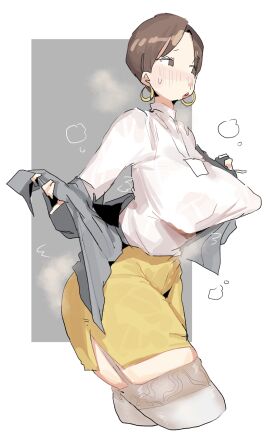 1girls balls blush blush_lines breasts brown_eyes brown_hair brunette brunette_hair collared_shirt earrings female garter_straps gold_jewelry hoop_earrings large_breasts leebongchun lips lipstick male mature mature_female milf miniskirt nipple_bulge nipples nipples_visible_through_clothing original original_character red_lips red_lipstick removing_clothing removing_jacket removing_shirt sagging_balls short_hair skirt solo steam steaming_body steamy steamy_body steamy_breath thighhighs wet_clothes wet_clothing white_collared_shirt white_shirt white_thighhighs white_topwear yellow_skirt