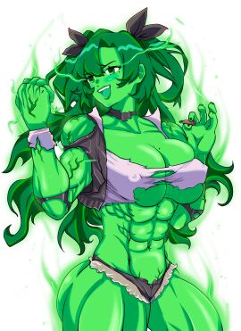 breasts cleavage darling-sama female green_eyes green_hair green_skin hulked_out marvel marvel_comics mole_on_breast muscle_growth muscles muscular muscular_female muscular_legs muscular_thighs nicole_demara ripped_clothing she-hulk toned transformation zenless_zone_zero