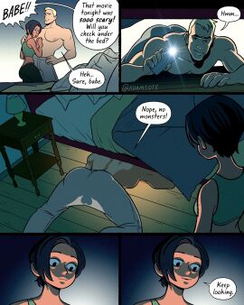 1boy 1girls adamtots ass balls bed blonde_hair blonde_male bra bubble_ass bubble_butt cellphone comic couple dialogue english_text female flashlight light looking_at_another looking_at_ass male male/female muscular muscular_male night objectifying ogling on_knees original pajama_pants pecs phone shadow shirtless shirtless_male short_hair silhouette silhouetted_genitals smartphone smile speech_bubble staring_at_ass text under_bed