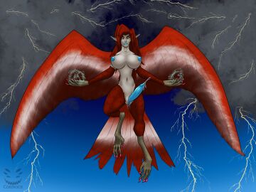 4:3 anthro avian big_breasts blue_lips blue_nipples bodily_fluids breasts clitoris corinoch_(artist) dripping electricity european_mythology feathered_wings feathers feet flying futanari genital_fluids glowing glowing_eyes greek_mythology hair harpy herm hi_res intersex lightning lips long_hair mythological_avian mythological_creature mythology nipples penis precum precum_drip precum_squirt pussy solo storm talons toes vaginal_fluid_drip vaginal_fluids wings