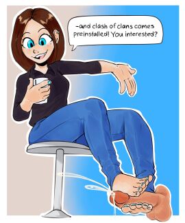 1boy 1girls barefoot black_shirt blue_eyes blue_jeans blue_nails blue_toenails brown_hair collared_shirt cum cumshot disembodied_penis ear_piercing feet female foot_fetish foot_focus footjob fully_clothed holding_object holding_phone male open_mouth painted_nails painted_toenails penis phone samsung samsung_sam short_hair sitting smile stepping_on_penis tinsay_(artist) toes