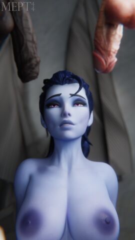 1girls 2boys 3d 3d_model admiring areola areolae big_areola big_breasts blender blue_hair breasts breasts_out breath chocolate_and_vanilla dark-skinned_male dark_penis dark_skin female female_focus hair_between_eyes hair_bun hair_over_one_eye hands_behind_back imminent_oral imminent_sex interracial light-skinned_male light_penis light_skin looking_at_genitalia looking_at_partner looking_at_penis looking_pleasured looking_up male mept44 nude nude_female nude_male overwatch penis penis_out ponytail puckered_lips pupils purple_eyes purple_skin seductive_eyes seductive_gaze seductive_look seductive_pose seductive_smile shower tagme towel widowmaker