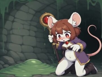 ai_generated anthro body_invasion breast_expansion brown_hair clothed dark_room dungeon female furry grok_imagine kneeling mouse mouse_girl oral red_eyes rodent shorter_than_10_seconds slime slime_inflation small_breasts sound swallowing tagme video vore