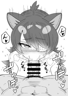 abs animal_ears australian_devil_(kemono_friends) bar_censor black_hair breasts censored erection eyepatch fellatio female highres kemono_friends kemono_friends_3 large_breasts long_hair looking_at_viewer male medical_eyepatch multi_ear oral penis pov solo_focus straight tasmanian_devil_ears trichina