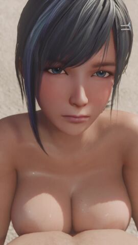 beach big_breasts blue_eyes blue_hair close-up dead_or_alive dead_or_alive_xtreme_venus_vacation lazyprocrastinator light-skinned_female looking_at_viewer reika_(doa) sand short_hair tagme thigh_sex video