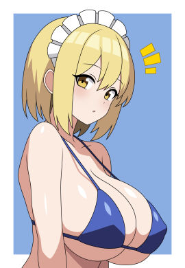 1girls absurd_res big_breasts bikini blonde_hair breast_focus breasts female female_only looking_at_viewer maid maid_headdress mugetsu notice_lines portrait short_hair side_view simple_background solo ssaf_seibeupail swimsuit touhou touhou_(pc-98) yellow_eyes