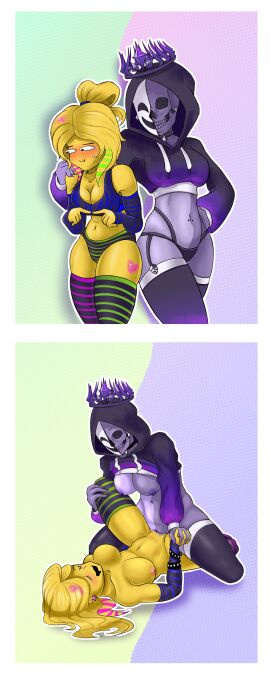 2girls arm_warmers armband blush boobs_out breasts choker crop_top crown earings female forsaken_(roblox) garter_belt glitter hoodie mask nail_polish nipple_piercing nipples noli_(forsaken) noob_(forsaken) panties piercings purple_body purple_skin pussy roblox roblox_game robloxian rule_63 scene_(fashion) scene_girl scene_hair scene_noob scissoring self_upload skull sports_bra tagme thighhighs thighs tied_hair wet_pussy xpe-4z yellow_hair yellow_skin yuri