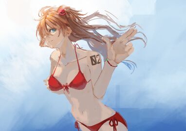 1girls asuka_langley_sohryu bare_arms bare_legs bestory bikini blue_eyes body_writing breasts brown_hair earrings female female_only floating_hair fully_clothed hair_between_eyes hi_res jewelry long_hair neon_genesis_evangelion red_bikini salute shiny_skin side-tie_bikini_bottom simple_background smile solo split_mouth swimsuit twintails wide_hips