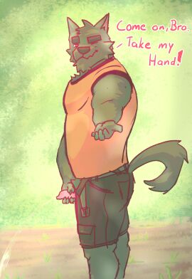 animal_genitalia animal_penis anthro asdf16 bodily_fluids canid canine canine_genitalia canine_penis canis clothed clothing genital_fluids genitals hand_holding hi_res male mammal outside peeing peeing_together penis solo urine watersports wolf