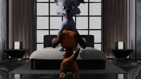 1boy 1girls 3d 3d_(artwork) bed bedroom brown_body canine canine_genitalia canine_pussy fellatio female feral furry furry_only grey_body hi_res liberty_(paw_patrol) male nickelodeon on_bed paw_patrol pawpads paws pussy rocky_(paw_patrol) tagme tongue tongue_out