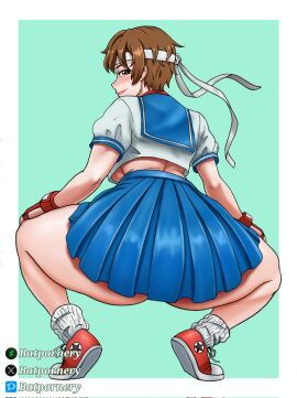 1girls ass ass_shake batpornery big_ass big_breasts breasts brown_eyes brown_hair capcom child_bearing_hips female female_only from_behind gloves looking_at_viewer looking_back sakura_kasugano school_uniform schoolgirl shoes short_hair skirt smile squatting street_fighter thick thick_ass thick_thighs tomboy twerk twerking wide_hips