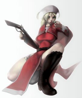 belt black_footwear blonde_hair breasts female final_fantasy final_fantasy_tactics final_fantasy_tactics_(original) green_eyes gun large_breasts no_panties orator_(fft) pussy red_dress rock saliva saliva_trail solo takai thick_thighs tongue tongue_out vagina white_hat
