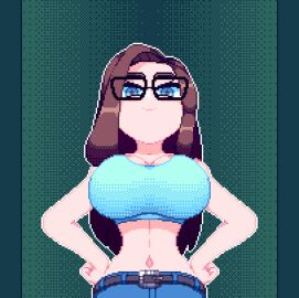 1girls animated belt big_breasts blue_eyes bra breast_expansion breast_growth breast_growth_(enlargement) breasts brown_hair bursting_breasts cleavage dithering fancyplanks female glasses hands_on_hips jeans light-skinned_female light_skin long_hair low-angle_view midriff navel original original_character overflowing_breasts pixel_animation pixel_art solo solo_female sports_bra surprised
