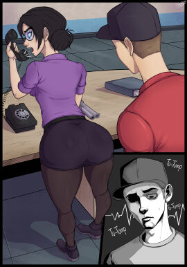 1girls 2d ass big_ass black_hair boots comic creepy creepy_face female funny glasses miss_pauling pantyhose scary_face scout_(team_fortress_2) secretary shadboy short_hair skirt stockings team_fortress_2 team_fortress_2_comic white_skin