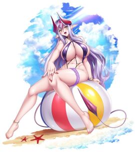 anklet ass ball_(object) beach beach_ball big_breasts bracelet breasts choker cloud clouds demon demon_girl female green_eyes horns jewelry kagami_hirotaka large_breasts lilim_(taimanin_asagi_battle_arena) lilith-soft long_hair looking_at_viewer nail_polish one-piece_swimsuit open_mouth pointy_ears pointy_tail purple_hair purple_one-piece_swimsuit red_nails sand shiny_skin sitting sitting_on_ball sitting_on_beach_ball slingshot_swimsuit smile smiling smiling_at_viewer succubus succubus_horns succubus_tail summer sunny swimsuit tail taimanin_(series) taimanin_rpgx thick_thighs thigh_strap toenail_polish toenails