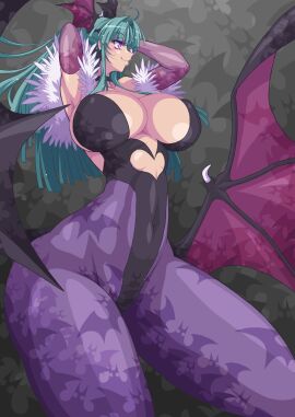 ass bat_wings bodysuit breasts clothed darkstalkers demon female grey_body huge_ass huge_breasts morrigan_aensland succubus thick_thighs