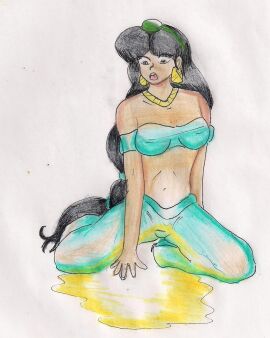 aladdin female goldenstorm omorashi peeing peeing_self princess_jasmine sitting sitting_in_urine sitting_on_floor sitting_on_ground traditional_media_(artwork) urine urine_on_ground urine_pool urine_puddle urine_stream wetting wetting_self