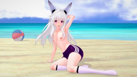 3d animal_ears beach beachball clara_(honkai:_star_rail) female fox_ears fox_girl half_naked happy honkai:_star_rail honkai_(series) koikatsu long_hair nude nude_female oppai red_eyes socks sports_shorts white_hair